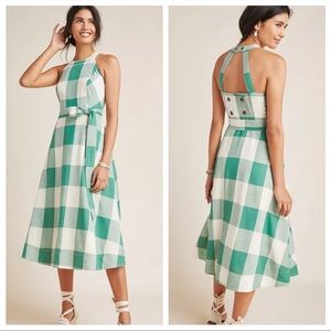 Anthropologie Maeve Greta Gingham midi dress, green white, sundress, beachy